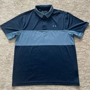 Under Armour Polo Shirt Mens Size XL Blue Stripe Colorblock HeatGear Golf Loose